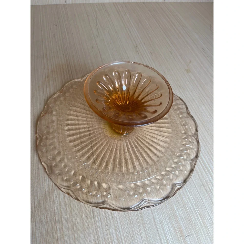 Vintage Pink Depression Glass Cake Stand Laurel Leaf Embossed Pedestal Stand